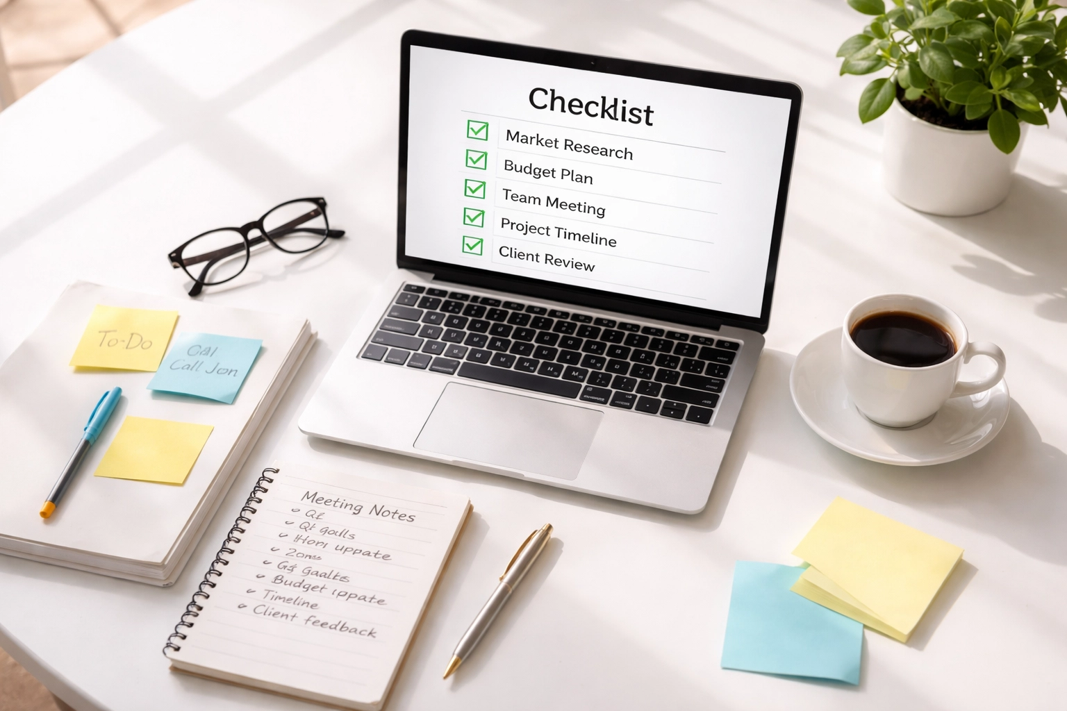 Top-down view of a modern office table with a laptop and checklist, symbolizing ServiceNow partner selection planning.