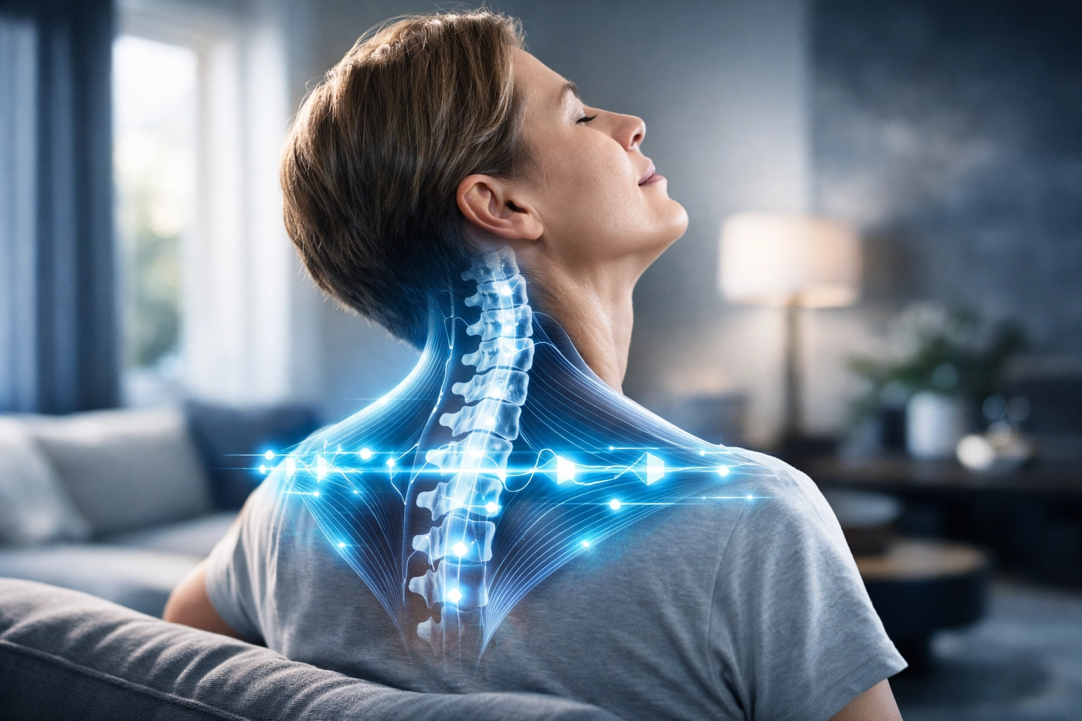 Medical massage at home in Brentwood showing muscle reprogramming and relief for chronic neck pain and tech neck.