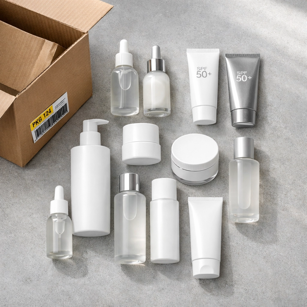 Flat lay of Korean skincare products and a wholesale box for K-Beauty business sourcing.