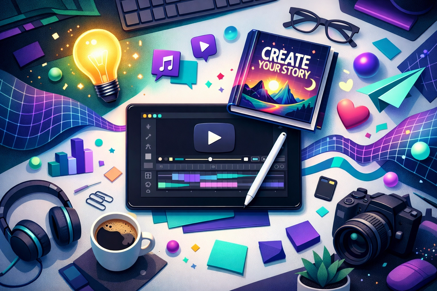 A digital creator workspace with a tablet and stylus, illustrating the creation of digital products for income.