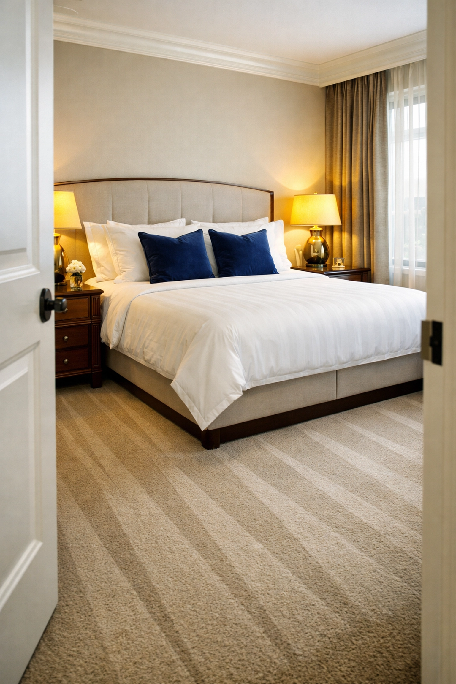 Professionally cleaned master bedroom in Harwich with fresh vacuum lines for a vacation rental turnover.