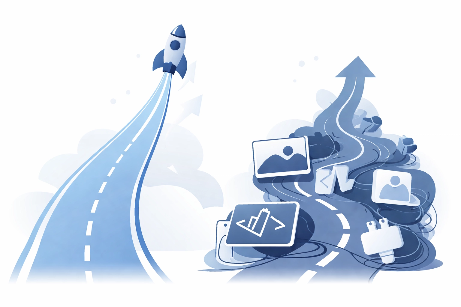 Illustration of two website paths, one fast and clear, one blocked, representing speed improvement and site obstacles