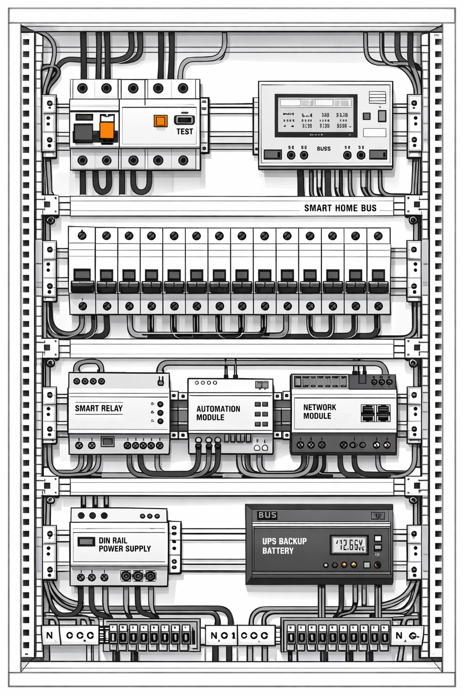 Strukturierter Elektro-Verteiler für eine professionelle Smart Home Installation durch Fachbetriebe.
