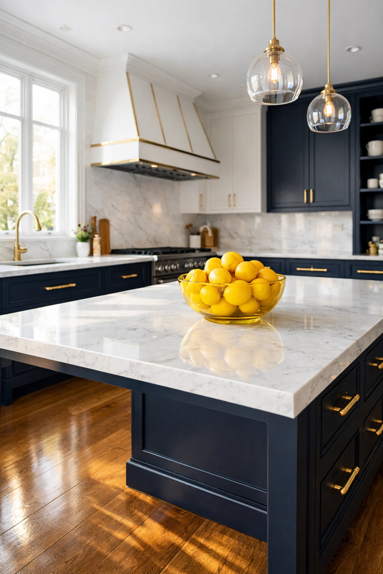 Spotless modern kitchen in Ashby after a professional house cleaning service showing gleaming white marble countertops.