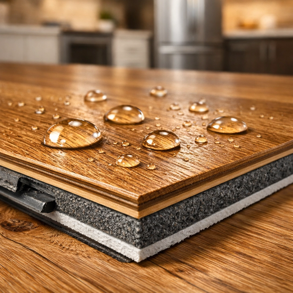 Close-up of waterproof luxury vinyl plank flooring showing wood grain texture and water resistance
