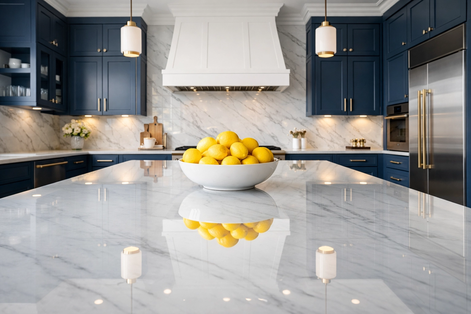 Spotless kitchen island and blue cabinetry cleaned by professional cleaners Upton MA.