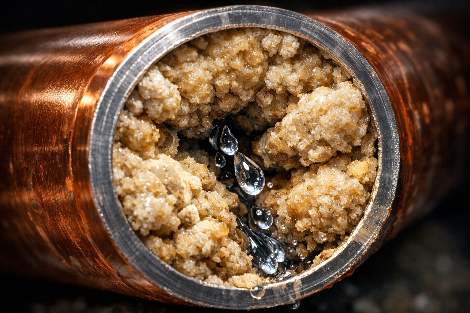 Copper plumbing pipe cross-section clogged with thick mineral scale and sediment buildup.