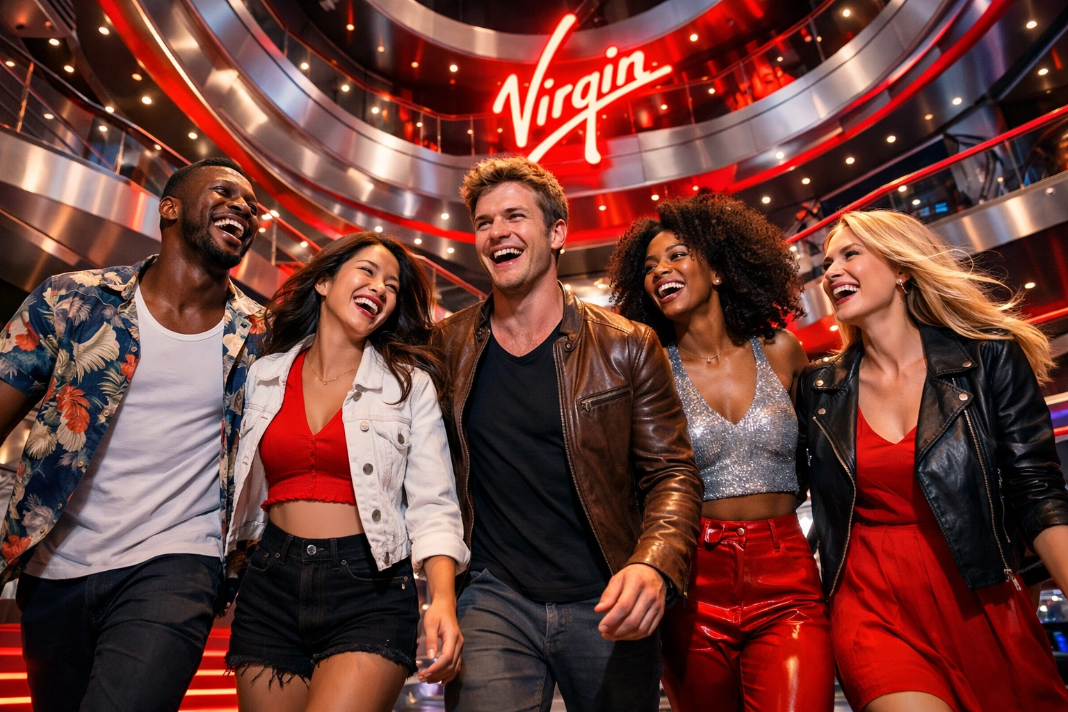 Friends walking through a modern ship atrium while enjoying a stress-free Virgin Voyages group cruise.