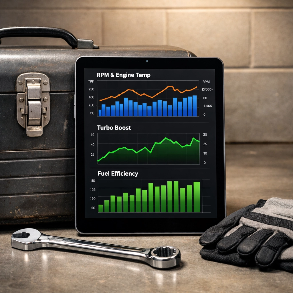 Tablet showing auto repair performance graphs next to a toolbox for data-driven shop management.