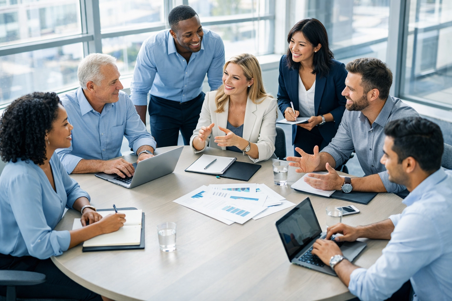 Diverse business team collaborating equally around conference table demonstrating team autonomy