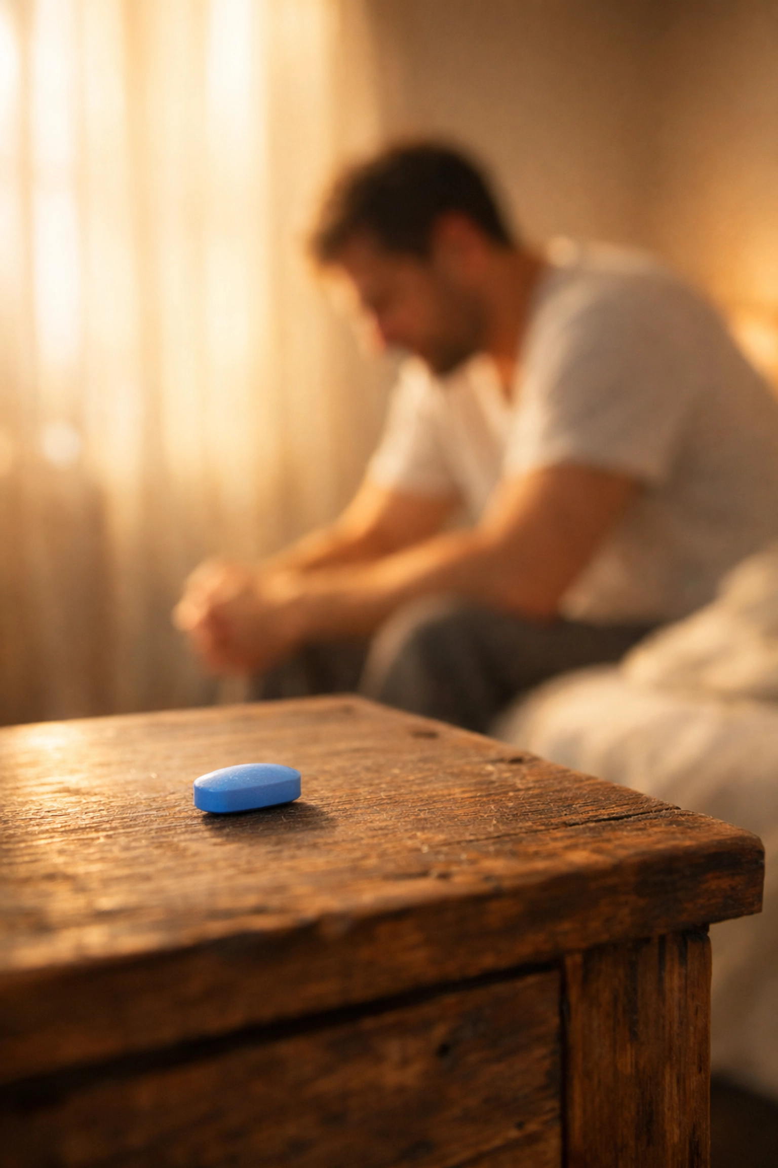 Magányos tabletta az éjjeliszekrényen és elgondolkodó férfi a merevedési zavar kezelése közben.