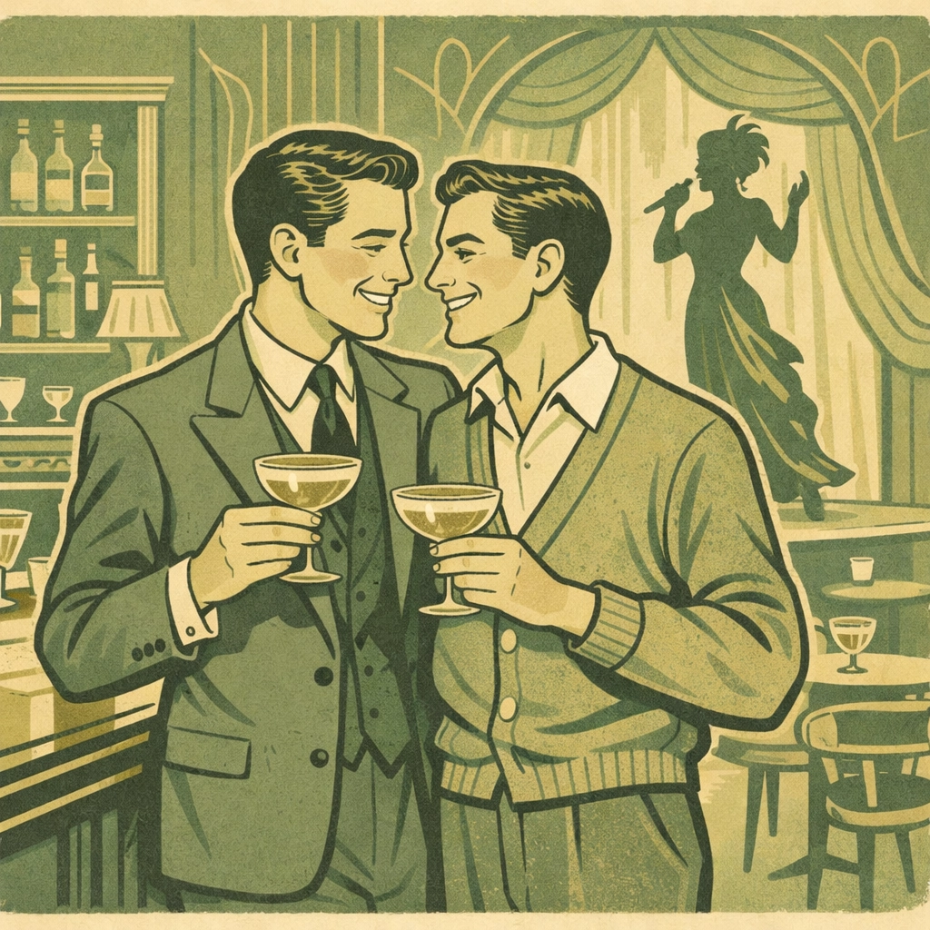 1950s gay bar scene with drag performer and male couple enjoying cocktails during brunch era