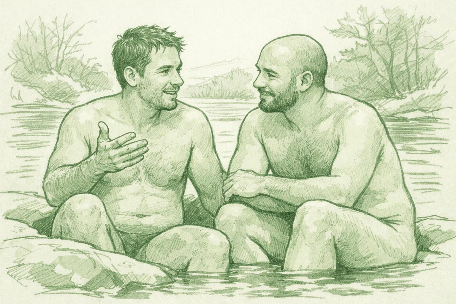 Gay men connecting through conversation in naturist setting by water