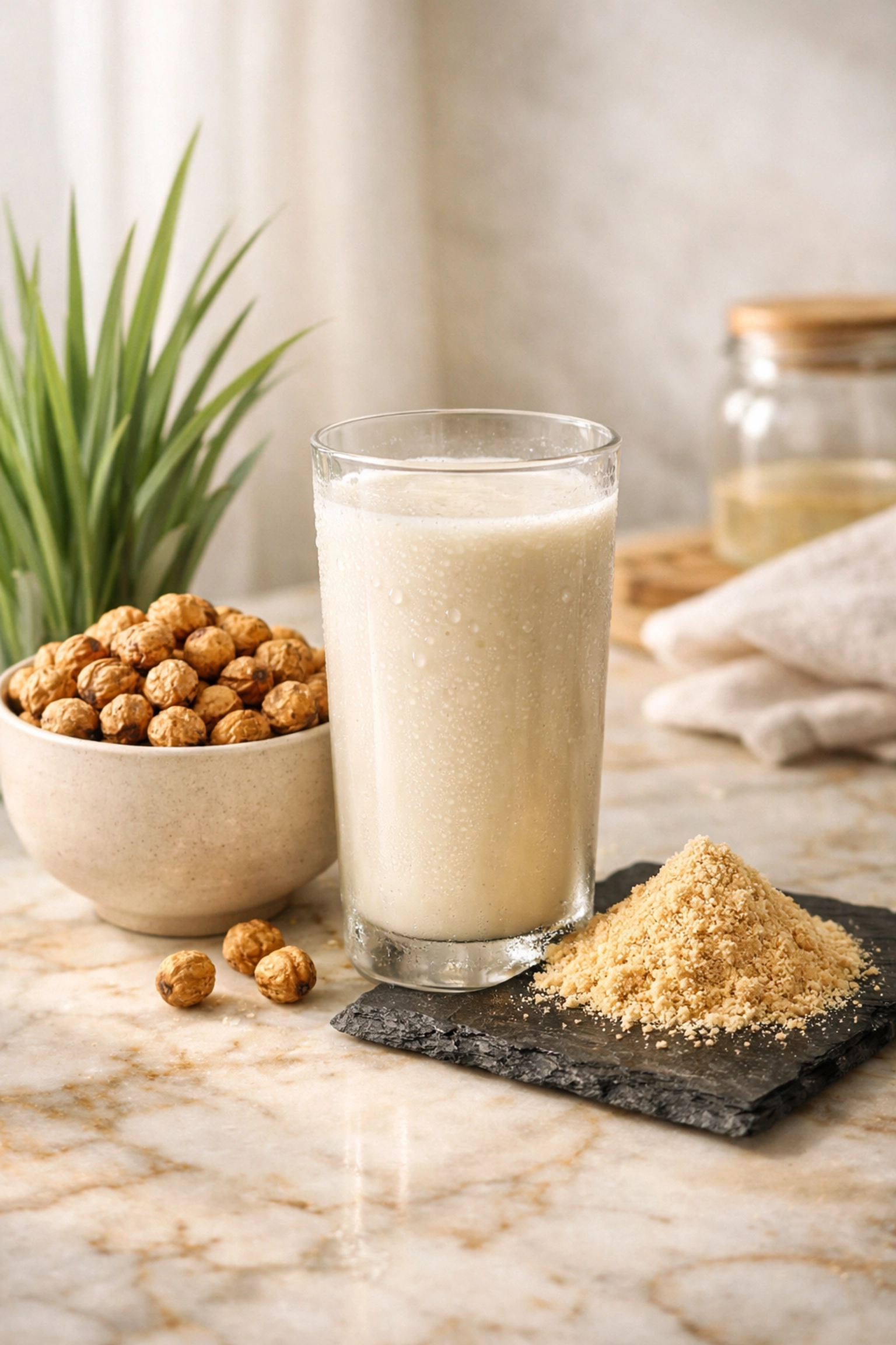 Glass of fresh tiger nut milk, dried tiger nuts, and tiger nut flour for gluten-free baking applications.