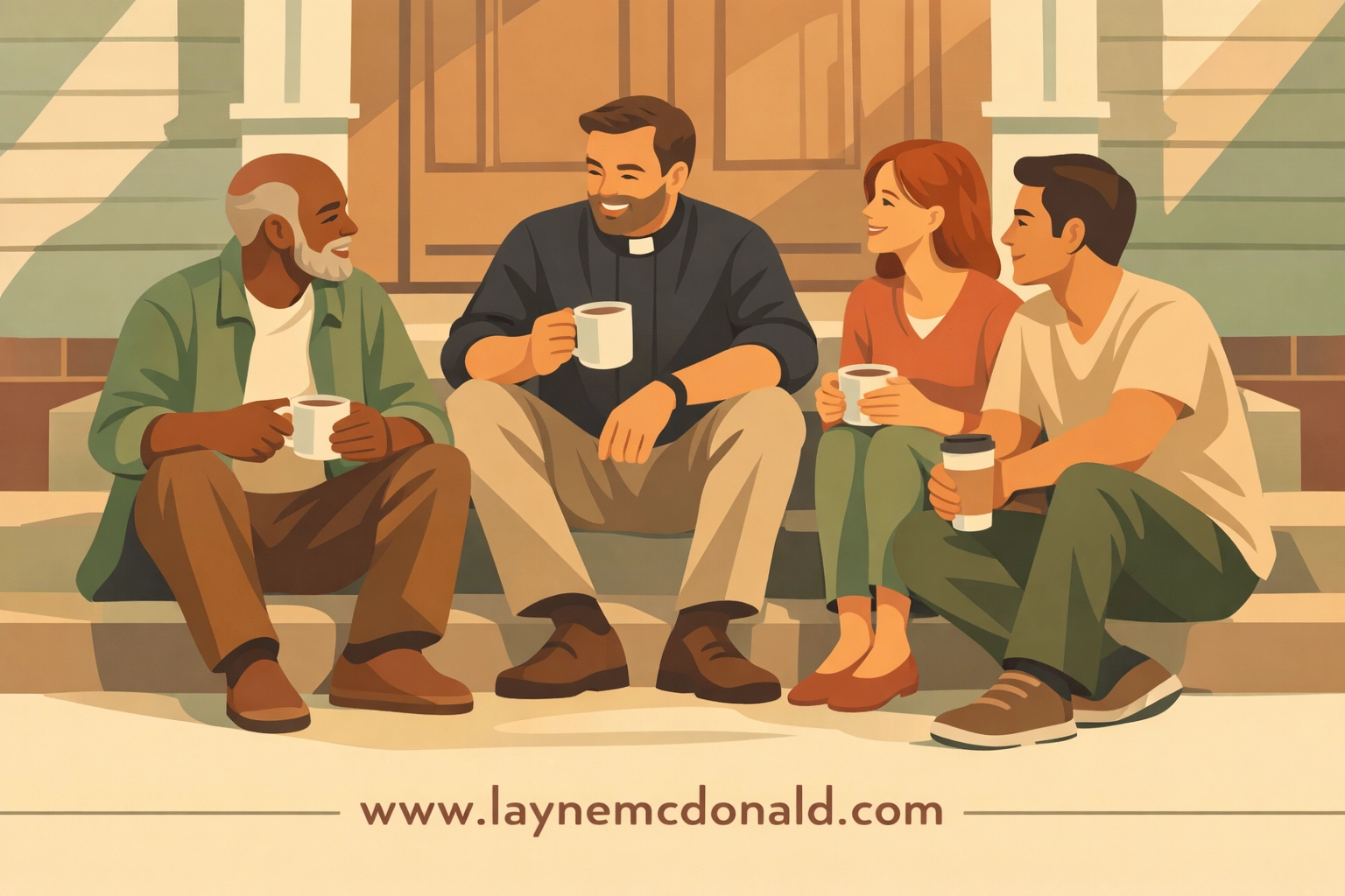 Pastor building trust by meeting with diverse congregation members in relaxed church setting