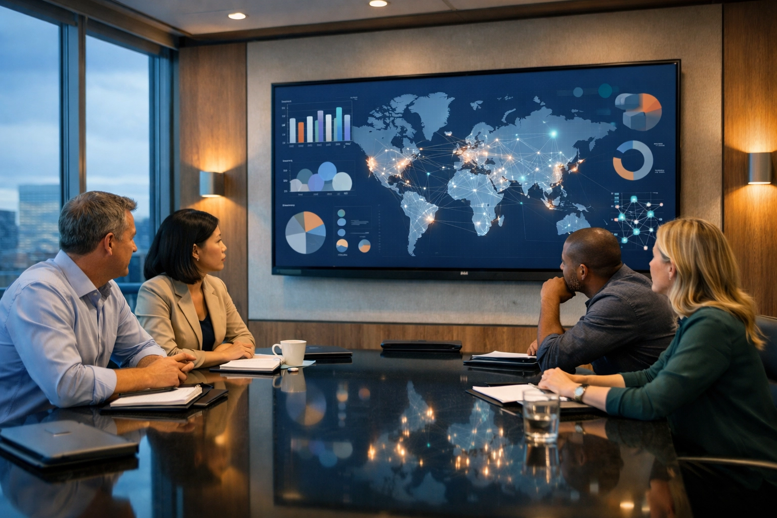 Team of executives in a boardroom developing a strategic narrative to drive media ROI and scale assets.