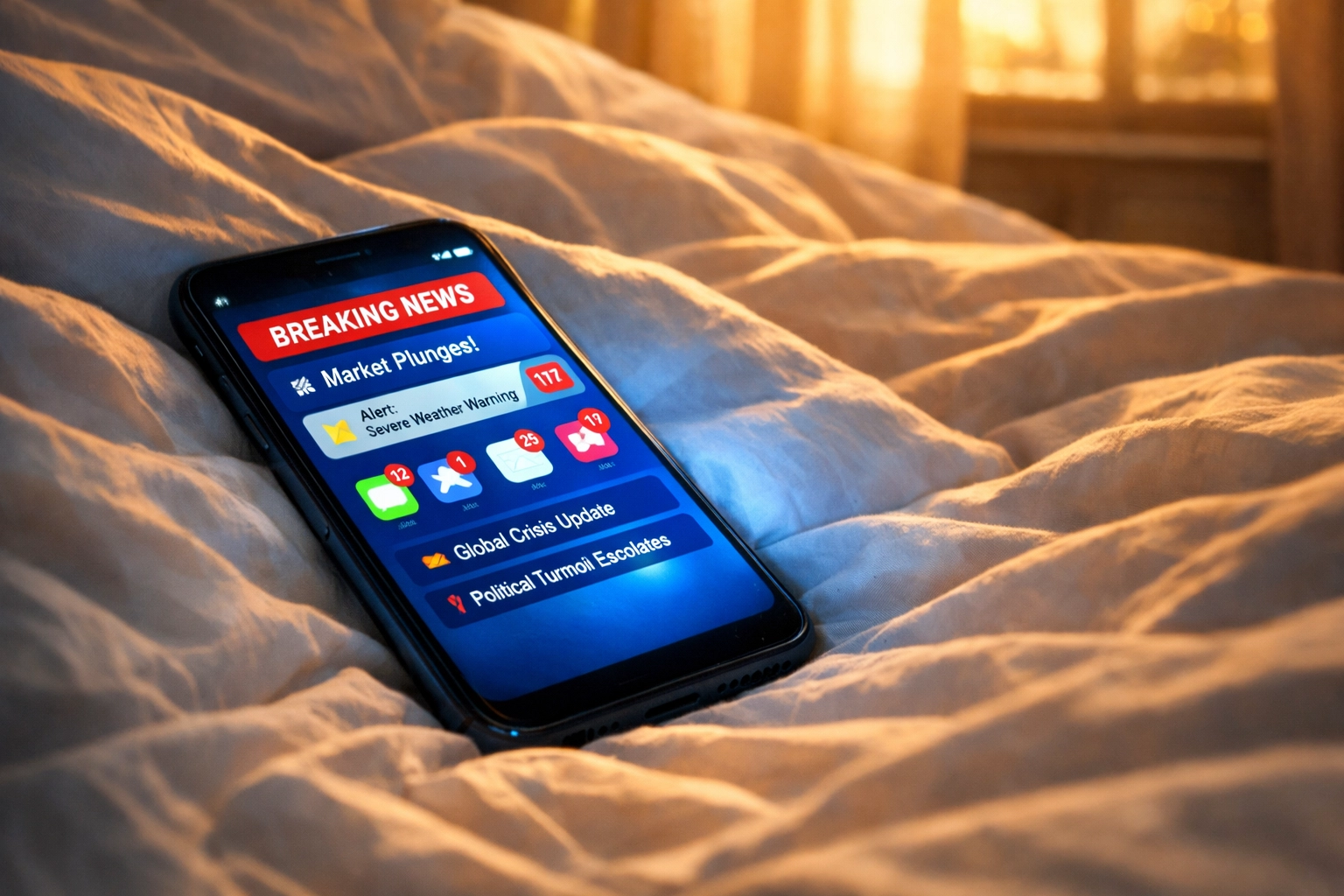 Smartphone glowing with news alerts on bed in morning light causing stress and anxiety