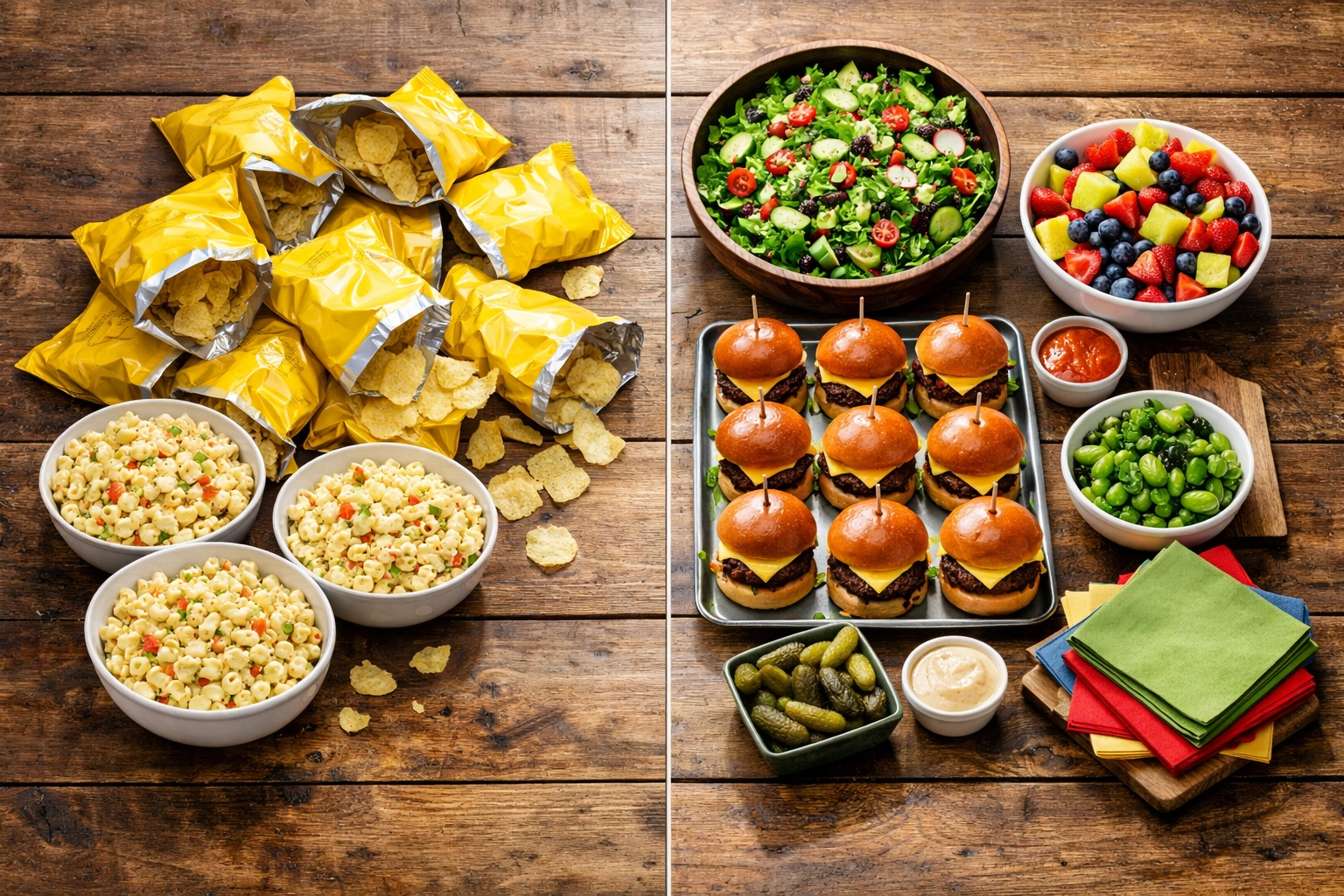 A comparison of a chaotic potluck table vs. a balanced meal organized with a sign up sheet.