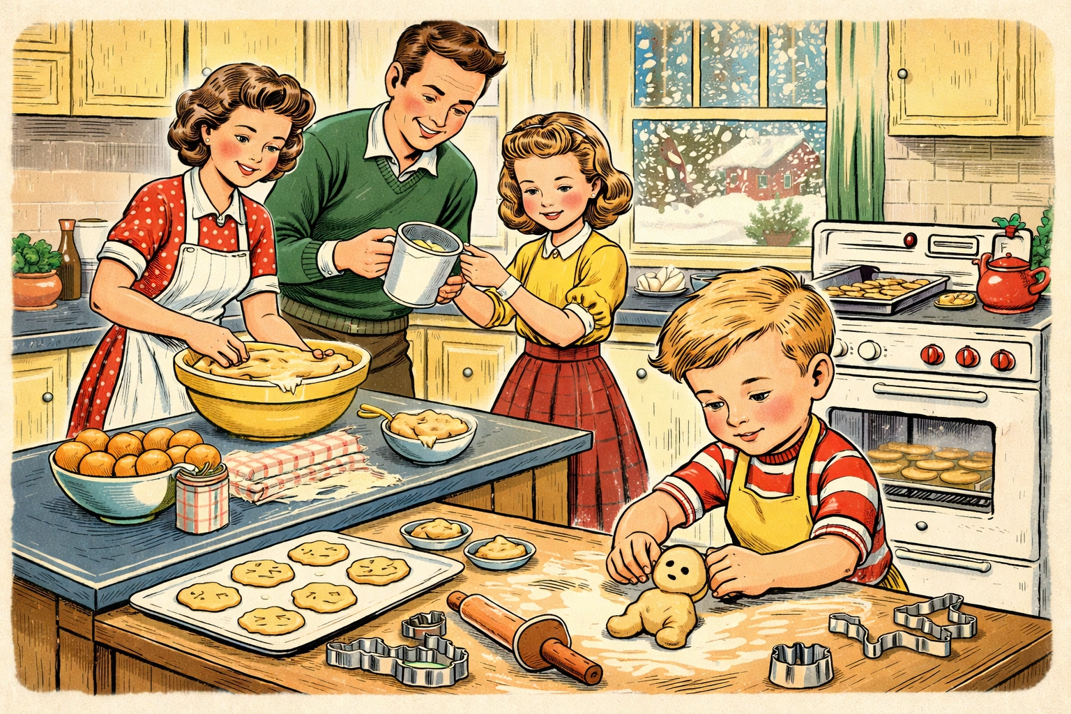 A family making salt dough together in a cozy kitchen on a snowy day, perfect for easy snow day crafts with kids.