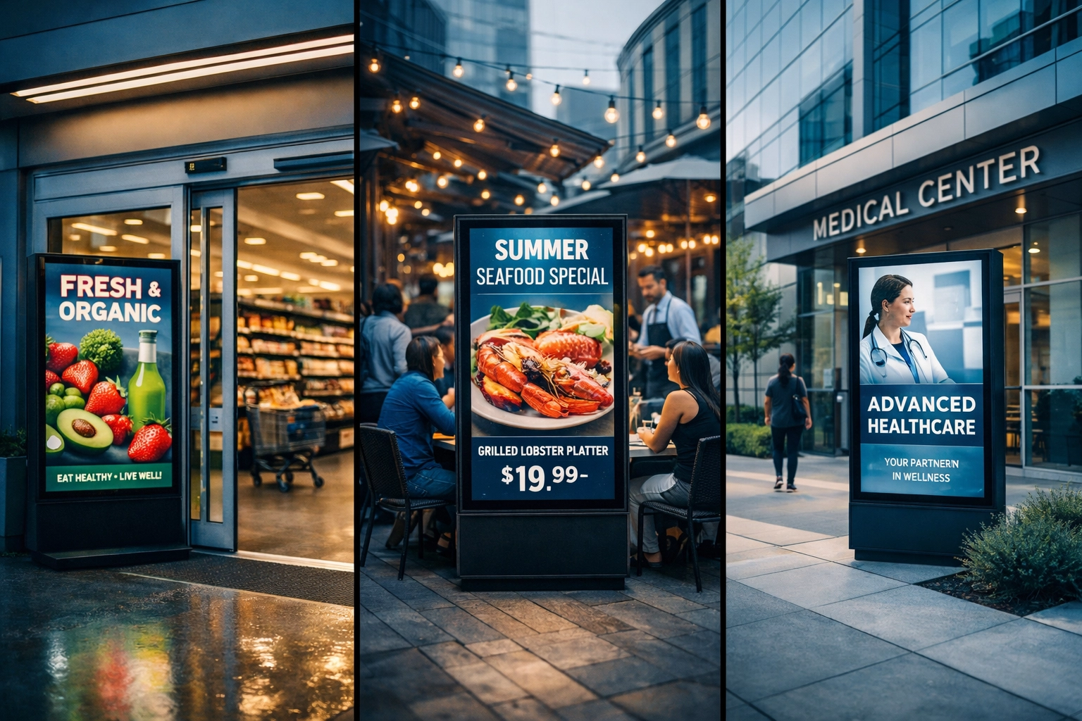 Digital advertising screens at diverse venue types including grocery store, restaurant, and medical office