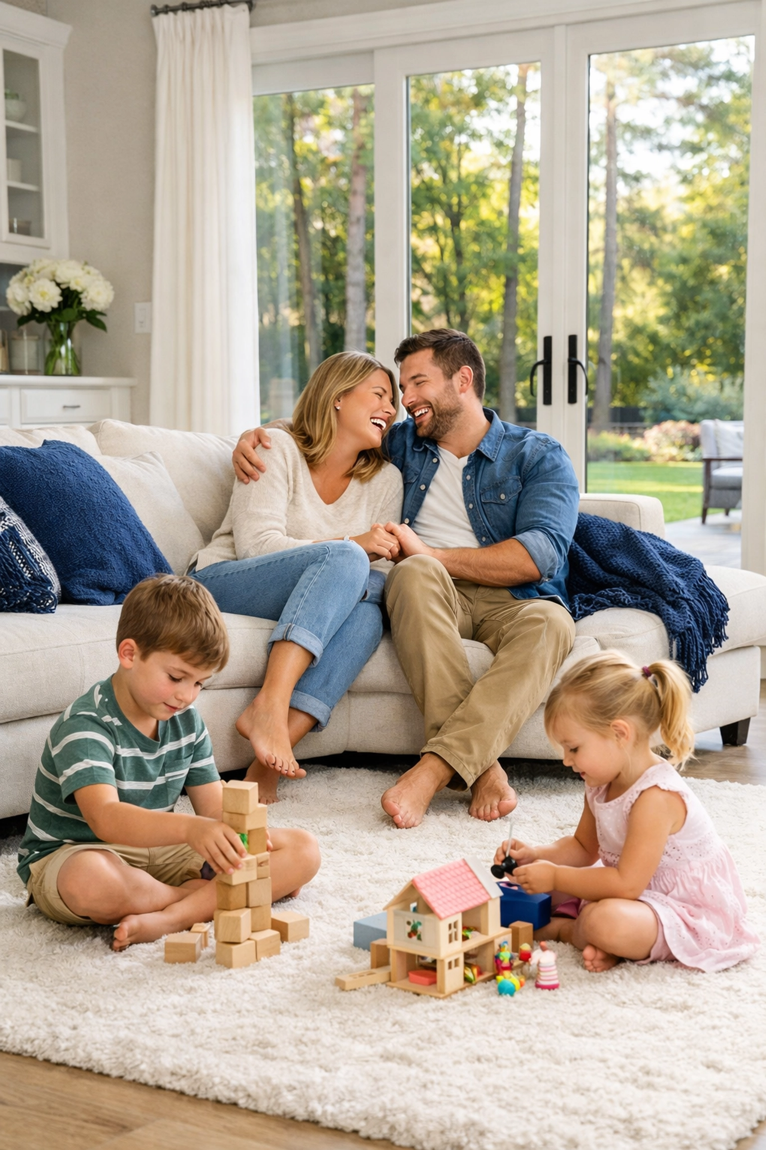 A happy family relaxing in a clean Ashland home thanks to professional weekly house cleaning services.