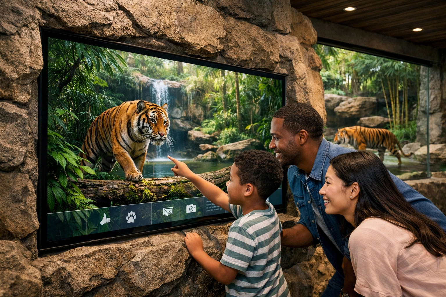 Family uses interactive display with live tiger feed, showcasing smart venue tech at a zoo