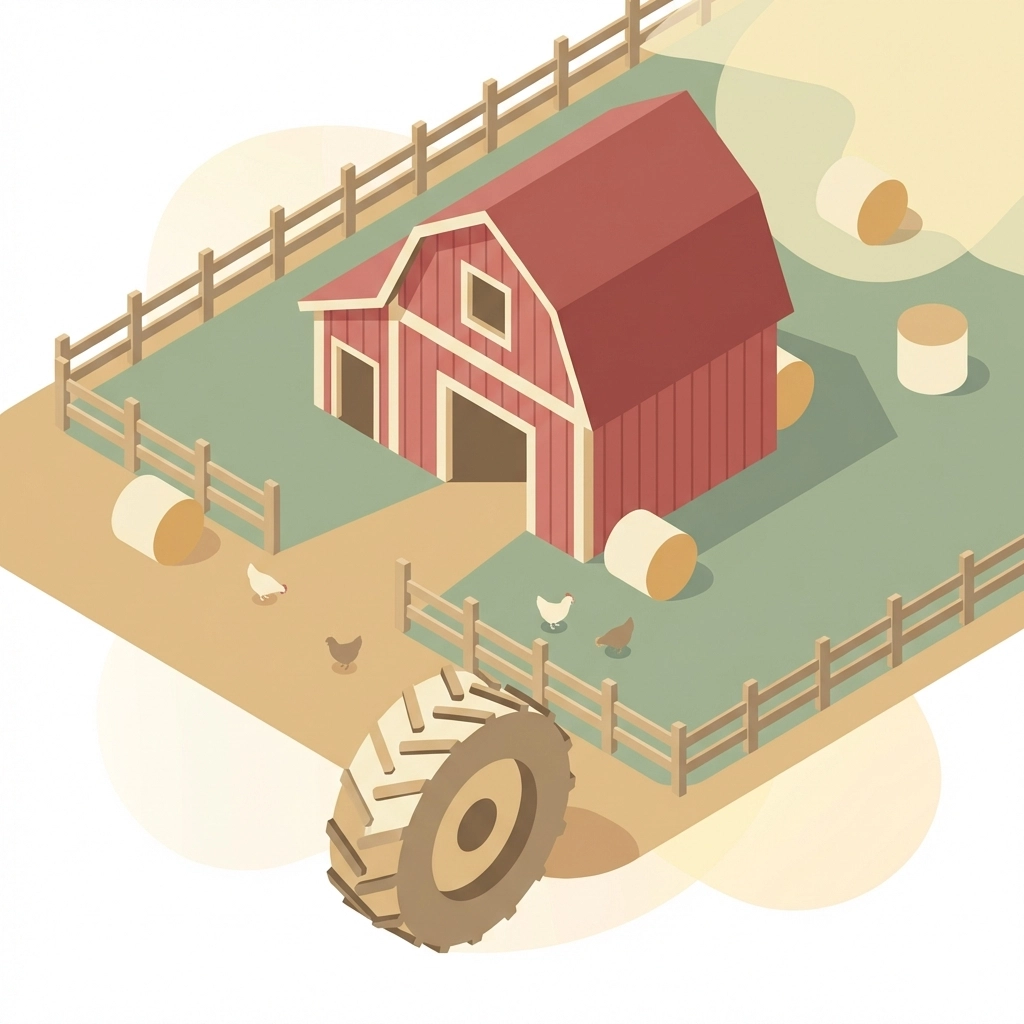 Minimalist illustration of a farm with red barn, fence, hay bales, and chickens, perfect for a nature scavenger hunt.