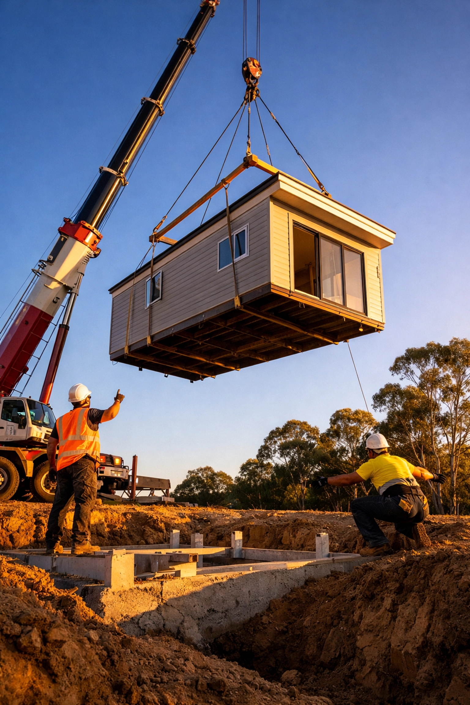Crane installing modular home module on Australian building site in one day