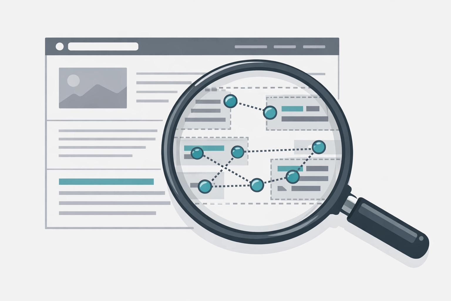 Magnifying glass examining webpage structure revealing hidden elements for AI SEO audit analysis