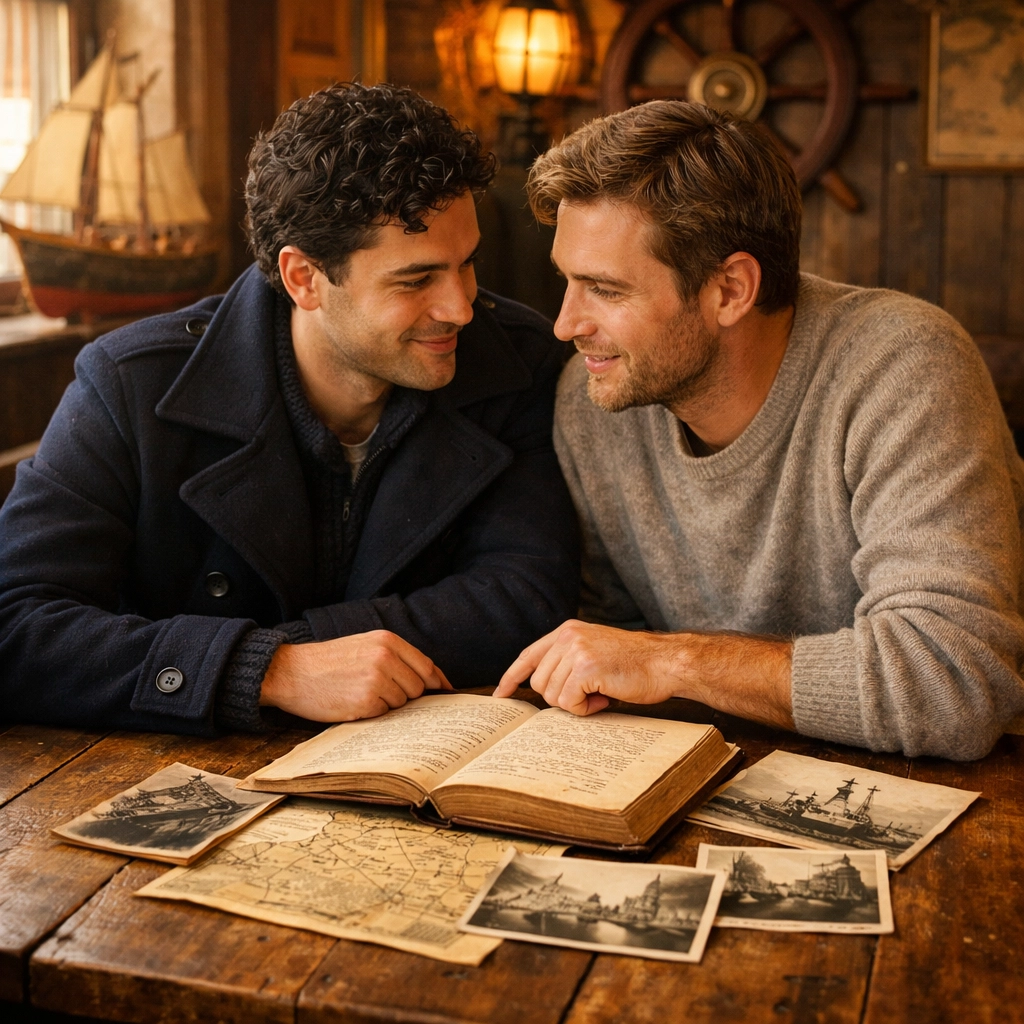 Two men sharing coffee and historical documents in Halifax café - MM romance