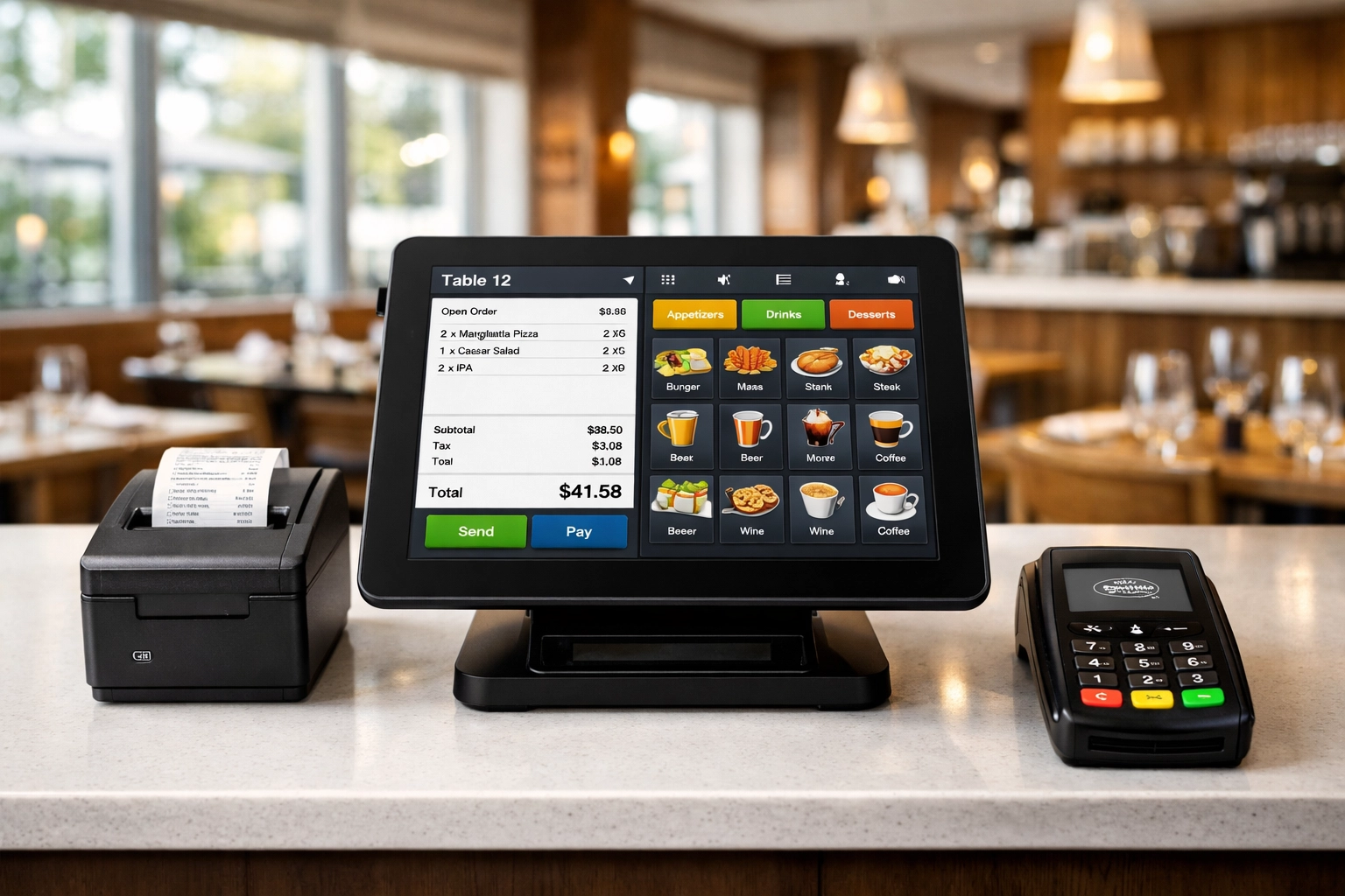 Modern restaurant POS system with tablet display on counter in upscale dining setting