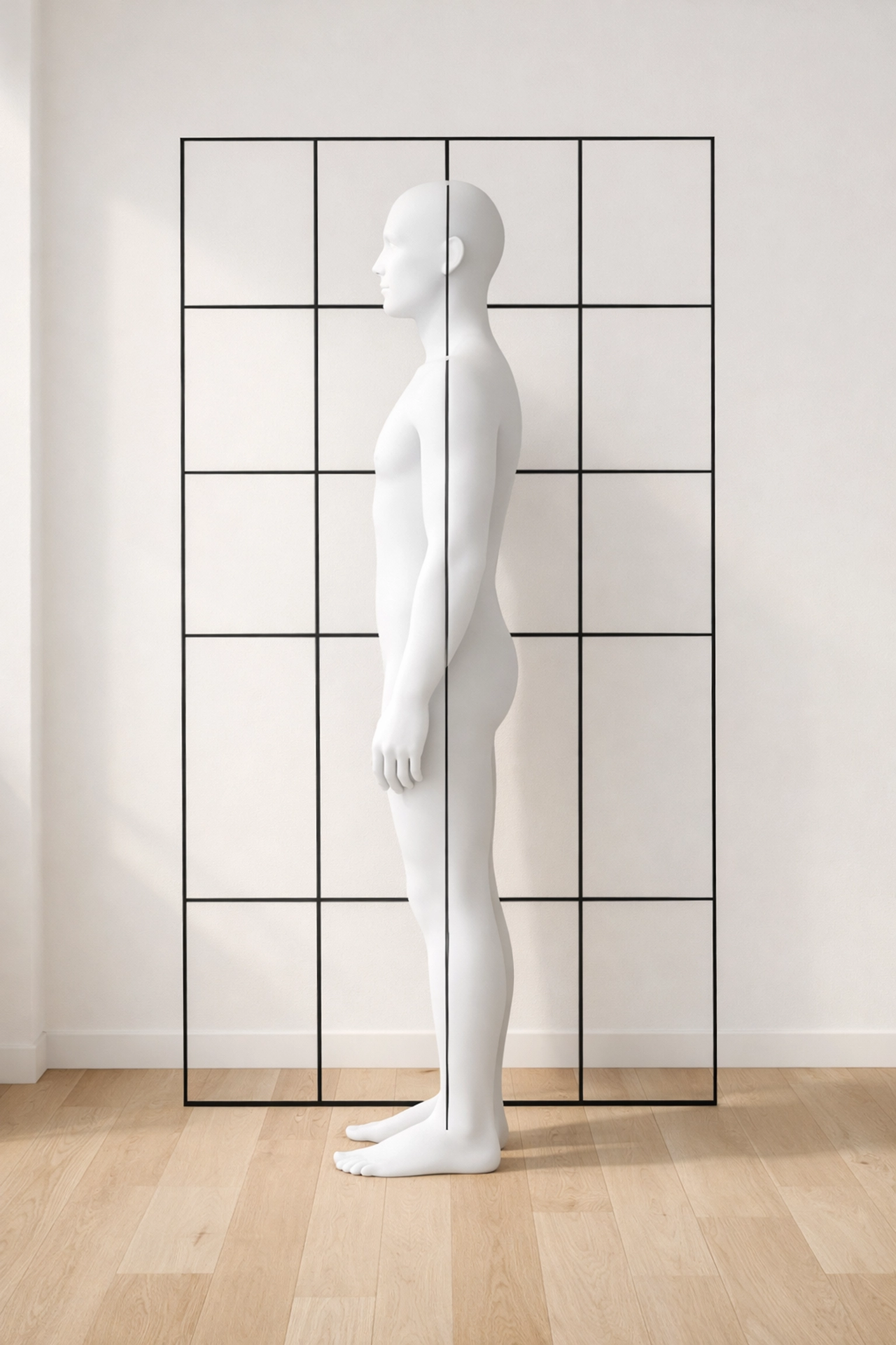 Balanced body posture and spinal alignment grid for sciatica relief and stabilization.