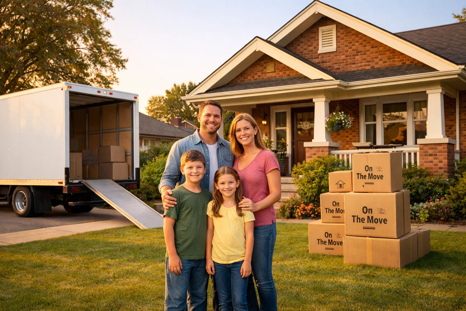 Happy family at their new Oshawa home with a professional truck from the best movers in Oshawa for a seamless transition.