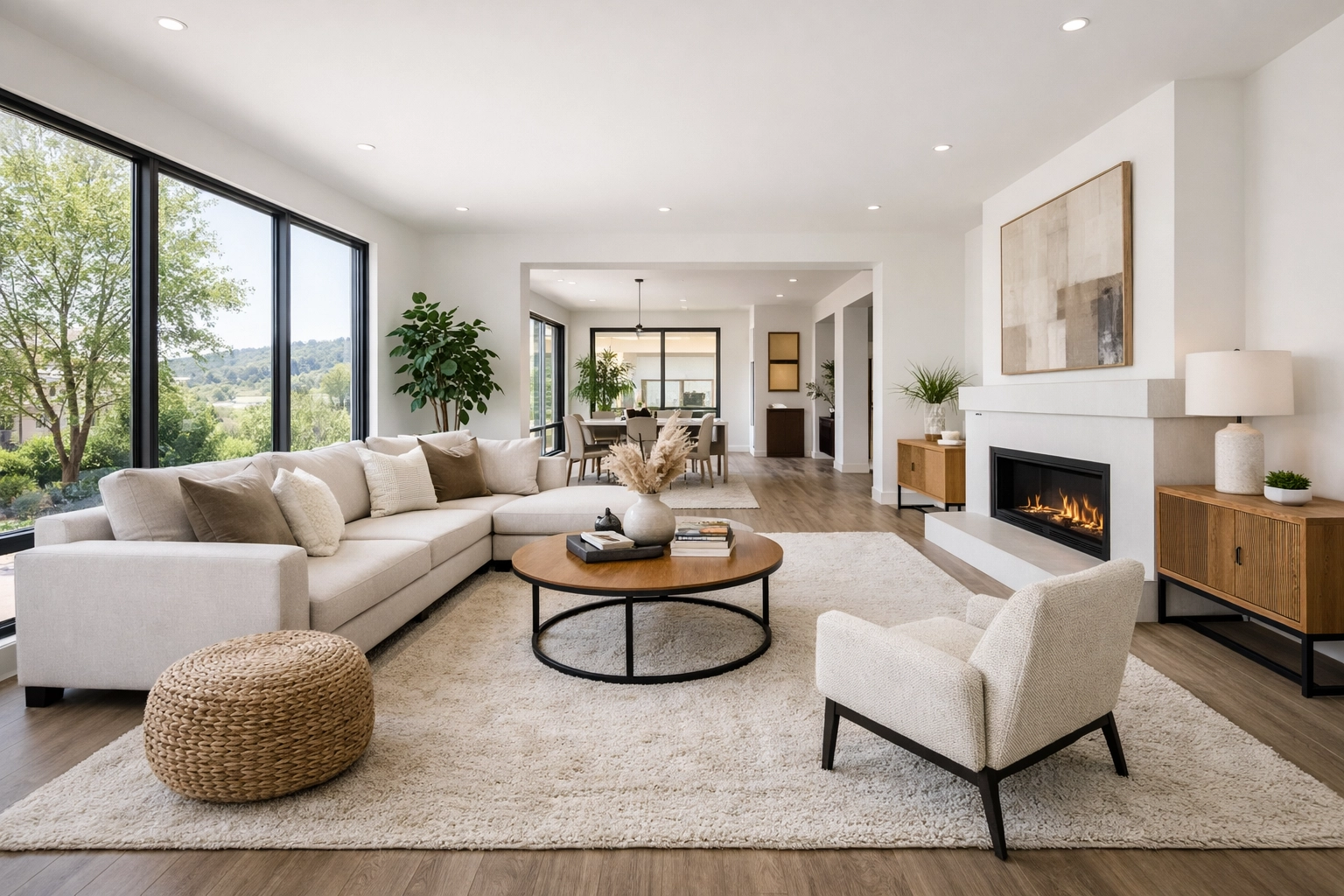 Brightly staged rental living room with modern laminate flooring and natural light to attract new tenants.