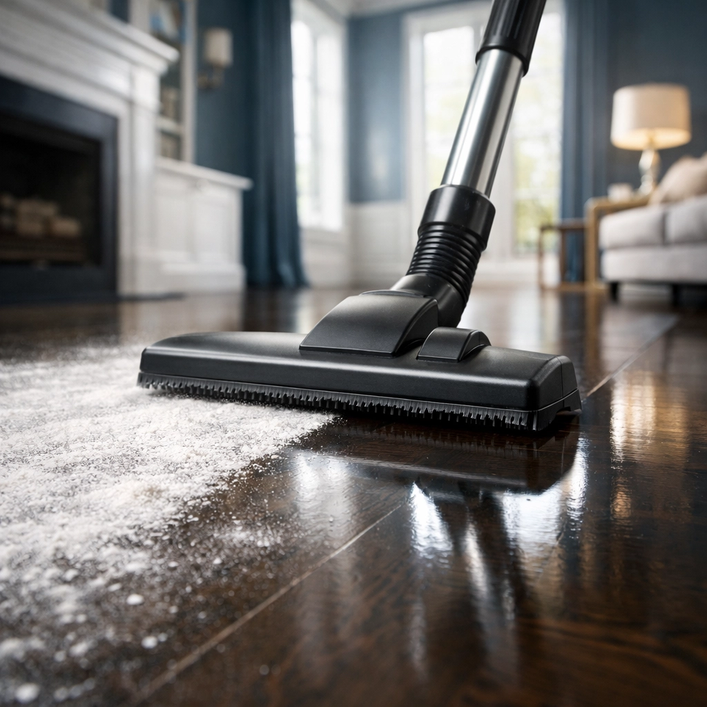 Professional vacuum removing construction dust from hardwood floors during post construction cleaning in Walpole.