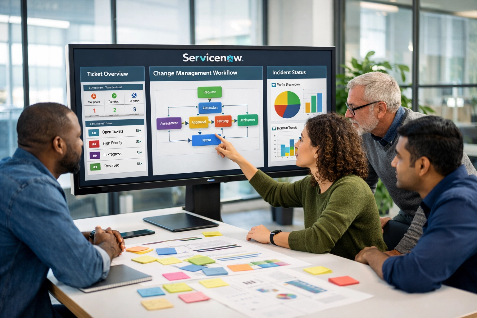 IT team collaborating on ServiceNow implementation strategy and ITOM configuration planning