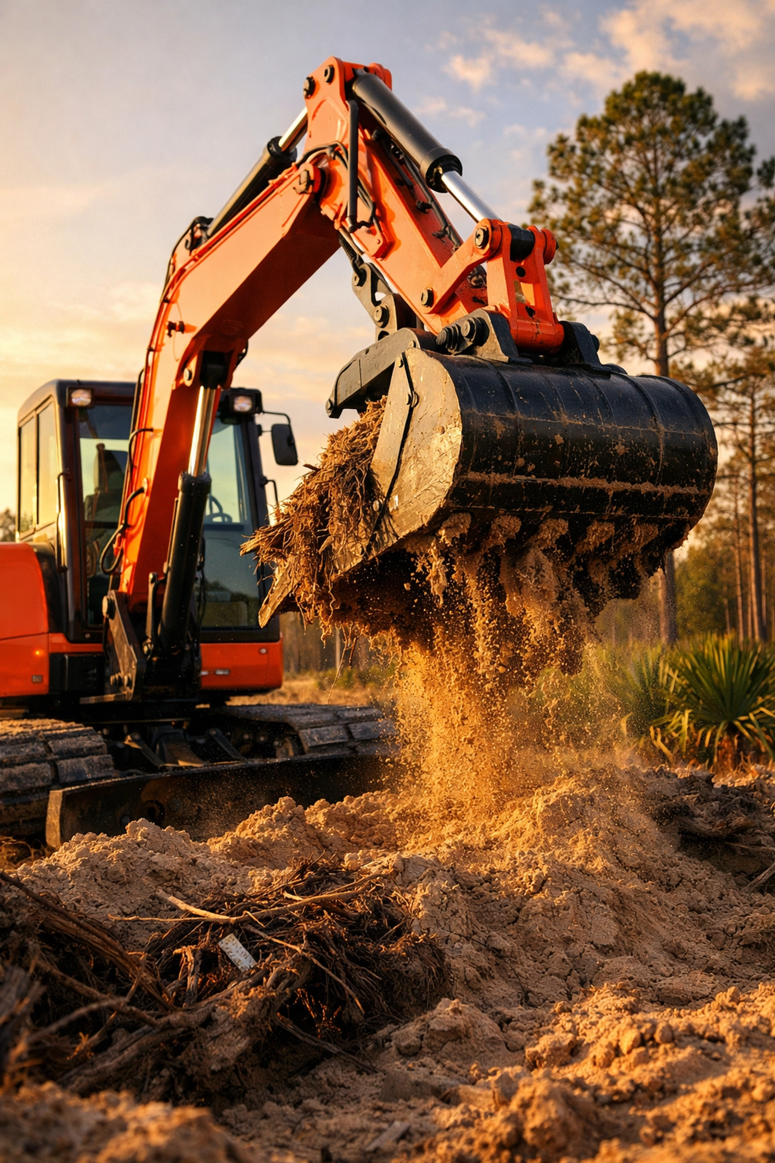 Orange excavator clearing land on Florida property with sandy soil and pine trees