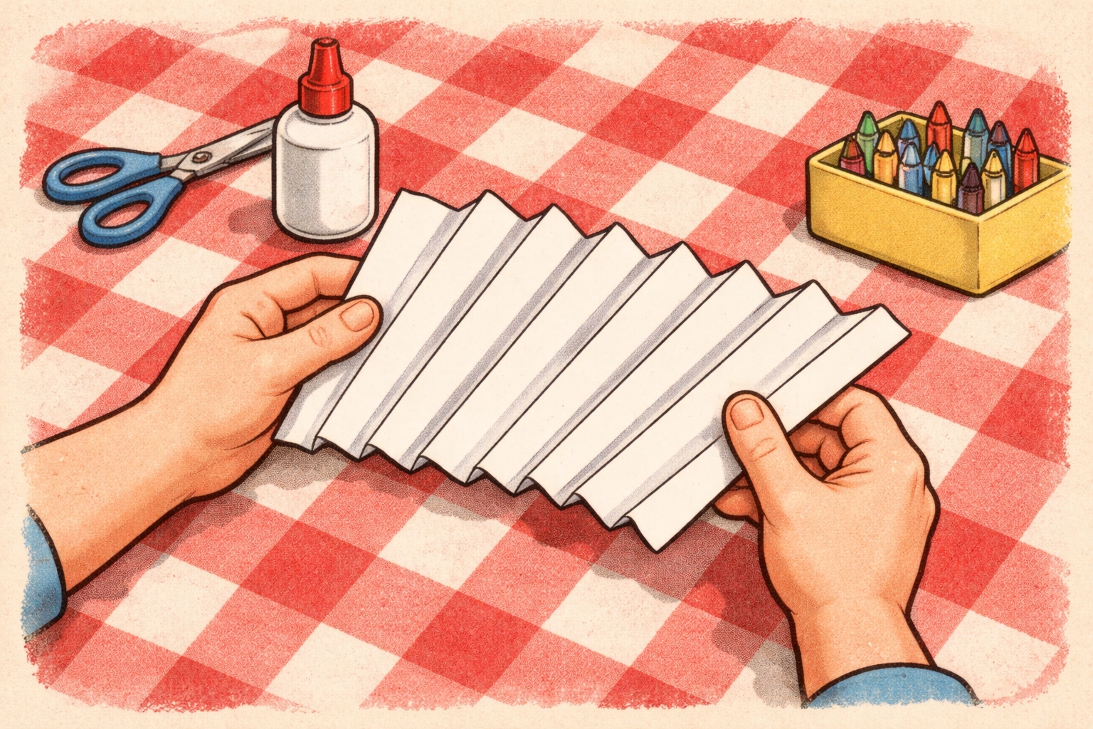 Closeup of child's hands folding paper into accordion pleats for paper bridge project on checkered tablecloth