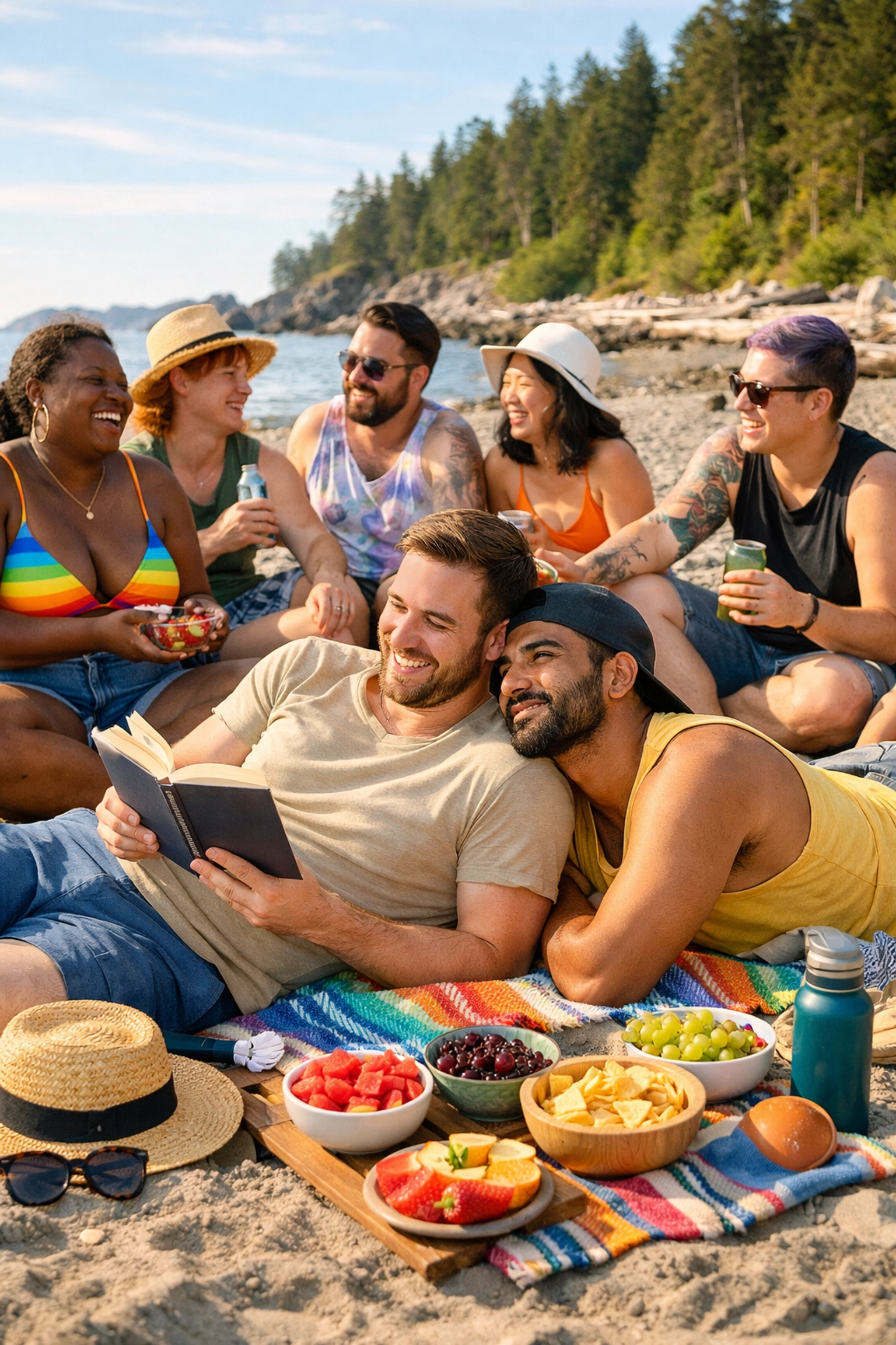 Queer friends enjoying beach picnic and reading gay romance books at Wreck Beach