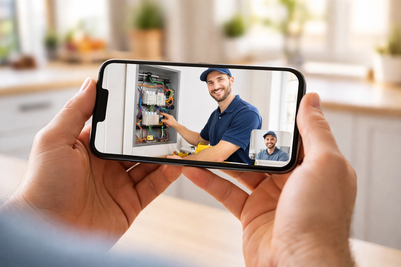 Homeowner having a video consultation with an electrician for electrical repair advice in Michigan.
