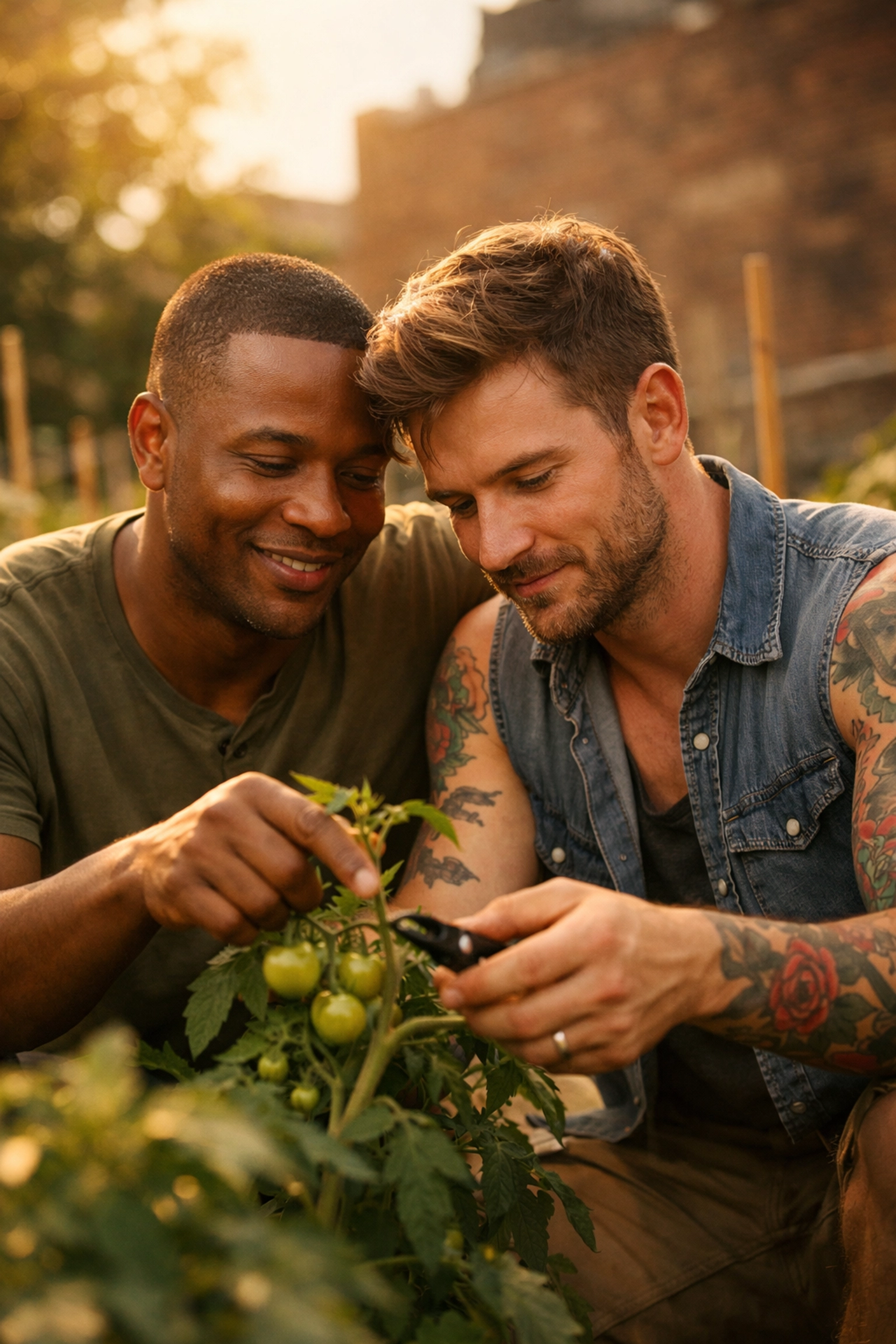 Two men bonding over gardening in a queer community space, illustrating the magic of shared hobbies and connection.