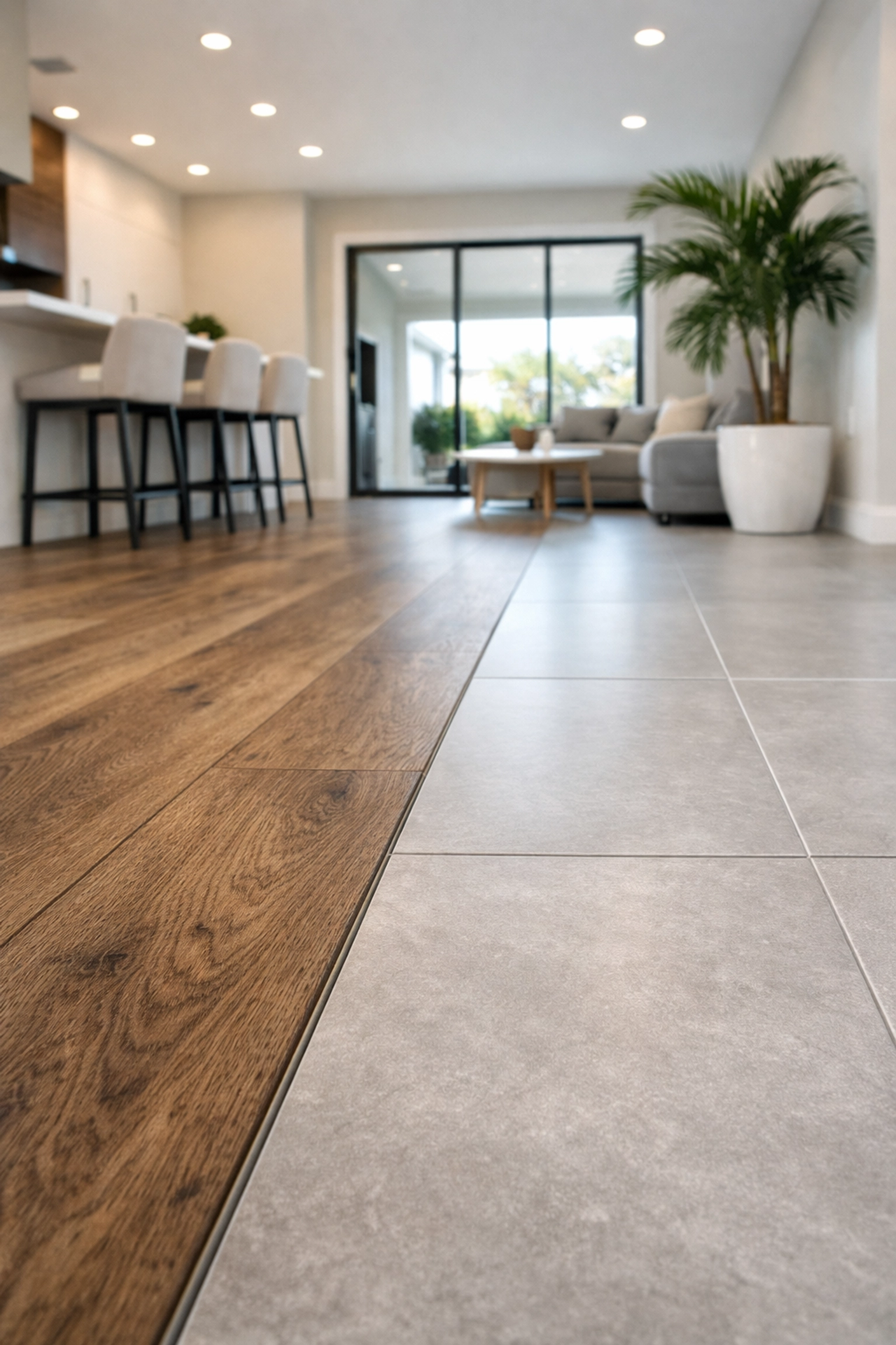 Modern Central Florida home featuring a seamless transition between luxury vinyl plank and large-format tile flooring.