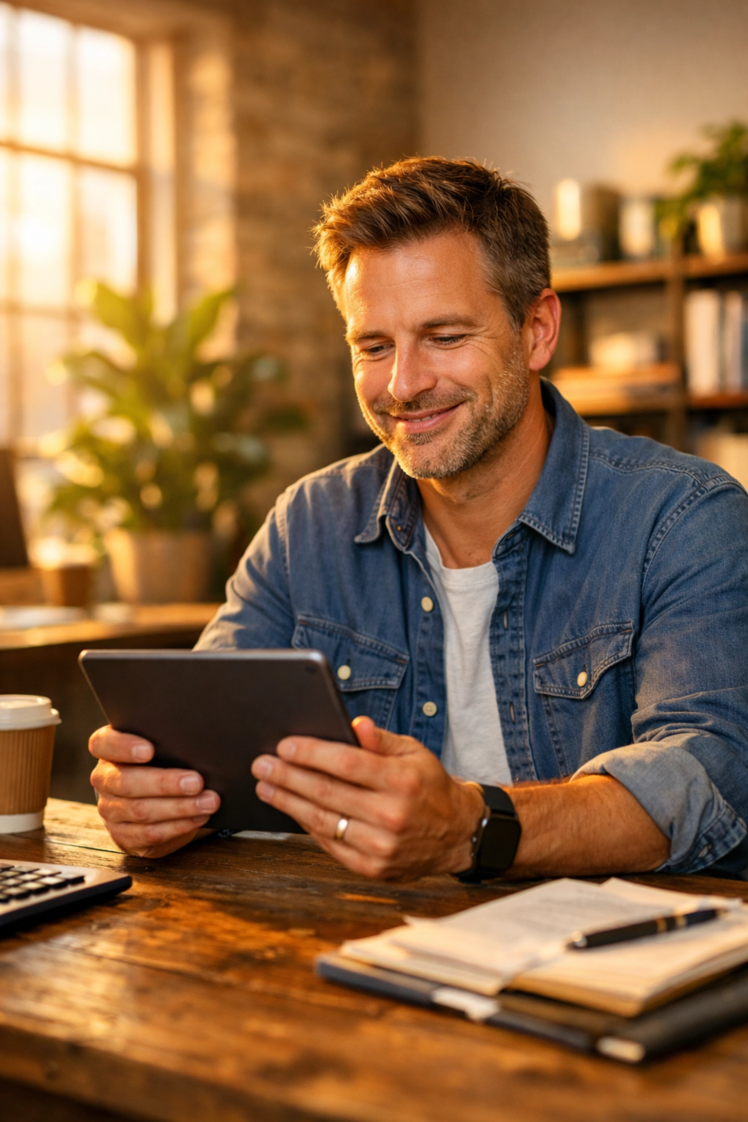 Business owner reviewing working capital options on a tablet in a sunlit modern office.