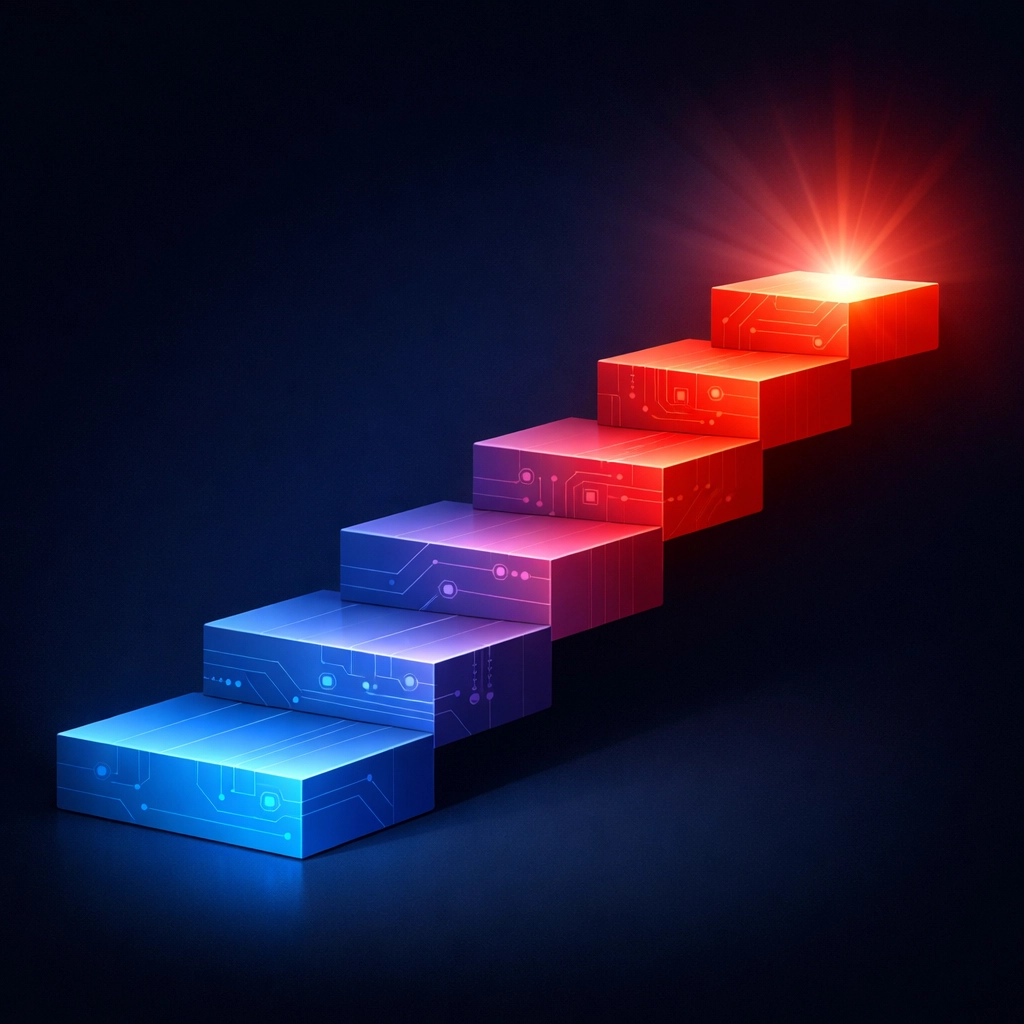 Ascending steps illustrating progressive AI trust building and business growth strategy