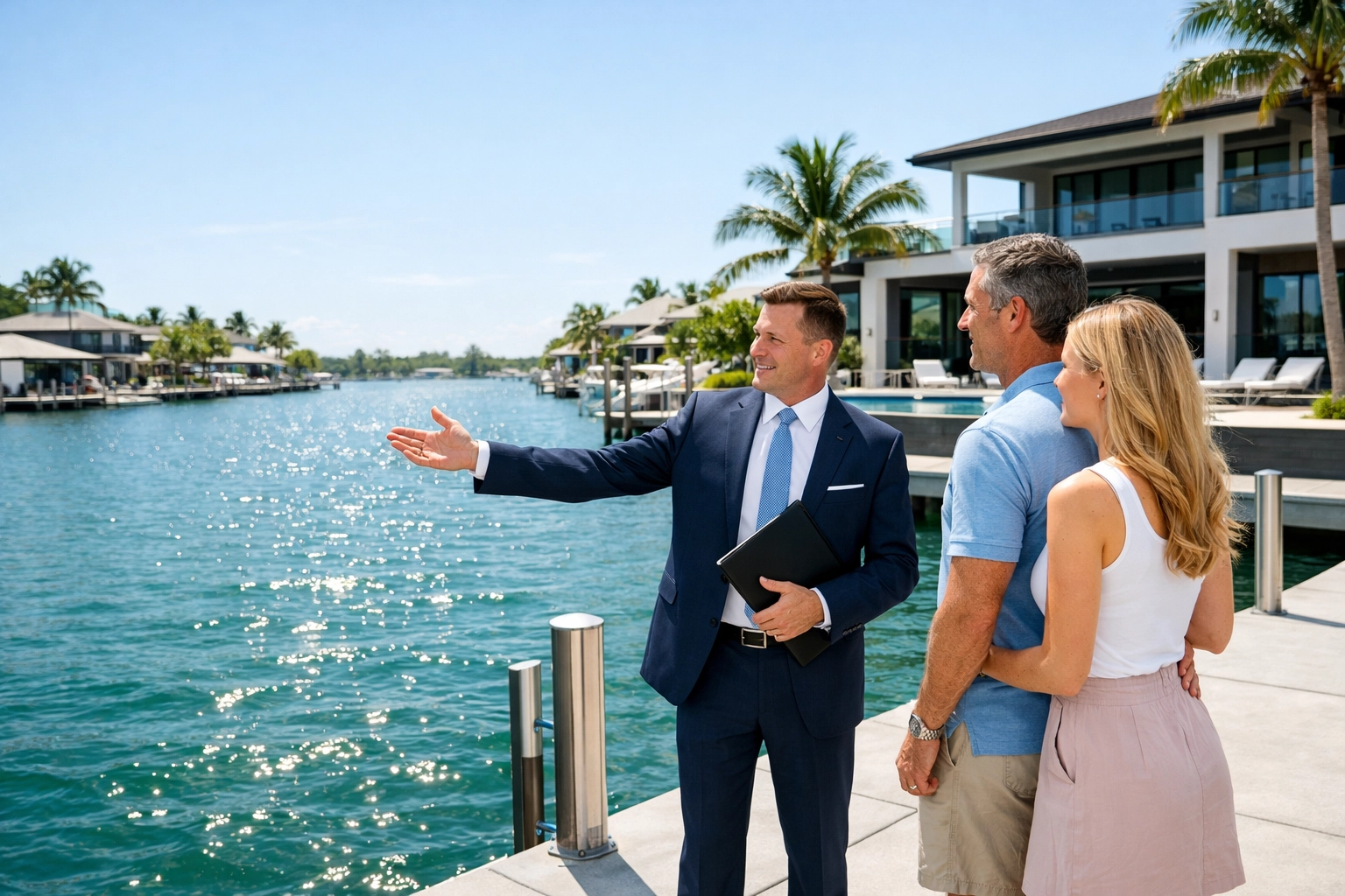 Real estate agent showing a luxury Cape Coral waterfront home to a couple on a private boat dock.