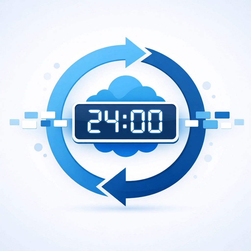 Illustration of a digital clock and sync arrow representing automated background cloud backup processes