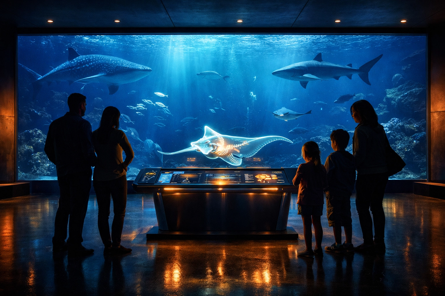 Family using an interactive digital display at a smart aquarium venue featuring an immersive shark tank exhibit.