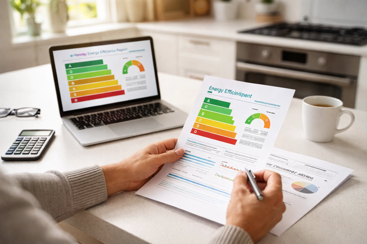 Homeowner completing Efficiency Maine heat pump rebate paperwork at kitchen counter
