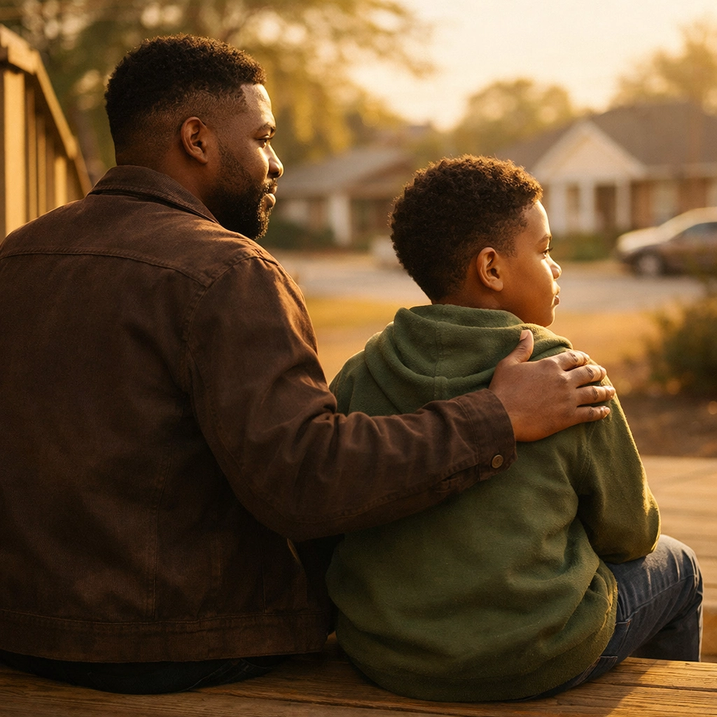 Black father and son together representing generational healing and breaking silence