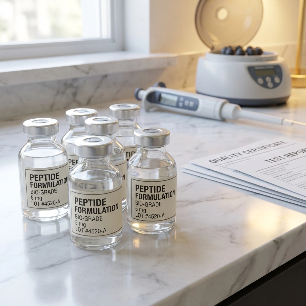 Pharmaceutical-grade peptide vials and lab equipment, highlighting the importance of medical quality peptide therapy